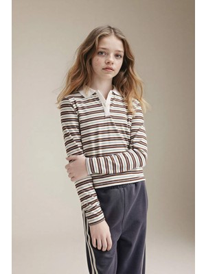 DeFacto Slim Fit Fitilli Çizgili Kaşkorse Polo Tişört Kız Çocuk G0874A826SP