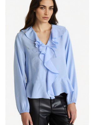 DeFacto Regular Fit V Yaka Modal Volanlı Uzun Kollu Bluz G1971AX25WN