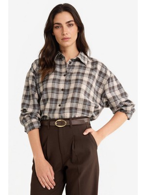 DeFacto Kareli Flanel Uzun Kollu Gömlek Trend Oversize Kesim Kadın Giyim