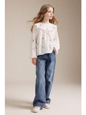 DeFacto Straight Wide Çiçek Baskılı Jean Pantolon Kız Çocuk G7740A826SP