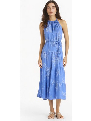 DeFacto Halter Yaka Desenli Bağcıklı Krinkıl Viskon Kolsuz Midi Elbise F7065AX25SM