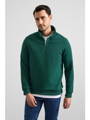 Süvari Koyu Yeşil Regular Düz Yarım Balıkçı Yaka Sweatshirt