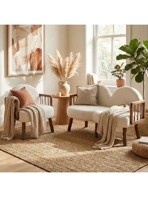 Tosca Bohem Çay Seti Ceviz Ahşap, Kırık Beyaz (1 Adet Ikili Berjer 1 Adet Tekli Berjer)