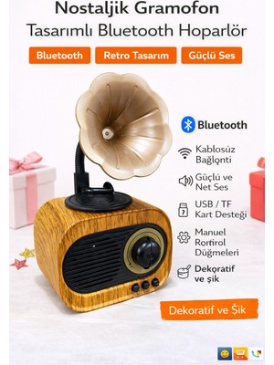 Spech Power Nostaljik Gramofon Tasarımlı Bluetooth Hoparlör Retro Ahşap Görünümlü