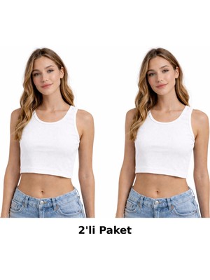 Kadın 2'li Set Vücuda Oturan Fitted Basic Yaka Crop Atlet