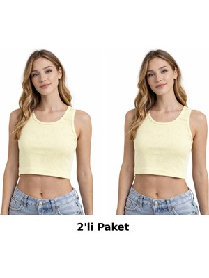 Kadın 2'li Set Vücuda Oturan Fitted Basic Yaka Crop Atlet