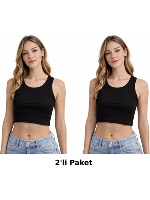 Kadın 2'li Set Vücuda Oturan Fitted Basic Yaka Crop Atlet