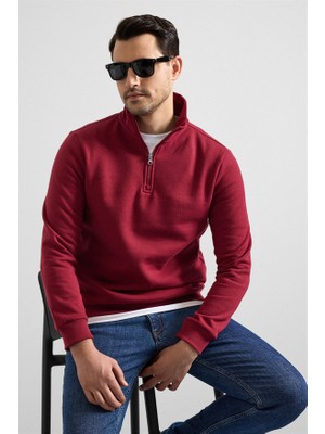 Süvari Koyu Bordo Regular Düz Yarım Balıkçı Yaka Sweatshirt