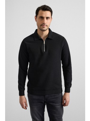 Süvari Siyah Regular Düz Yarım Balıkçı Yaka Sweatshirt