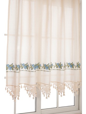 Tuncay Tekstil Mavi Kanaviçeli El Dantelli Fon Perde Ekstraforlu Pamuk Kumaş 250 x 120 cm