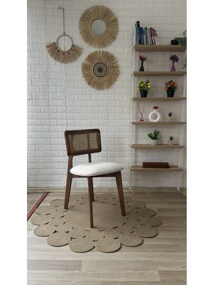 Silla Concept Zion Sandalye Teddy Krem Kumaş Hasırlı Ceviz Ahşap Sandalye