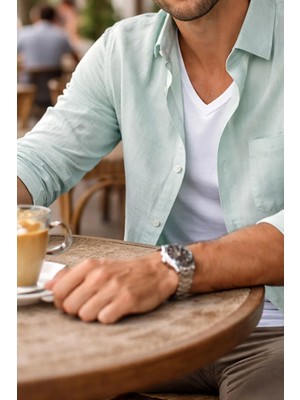 Varetta Erkek Yeşil Gömlek Keten Efektli Uzun Kollu Cepli Pamuklu Geniş Kesim