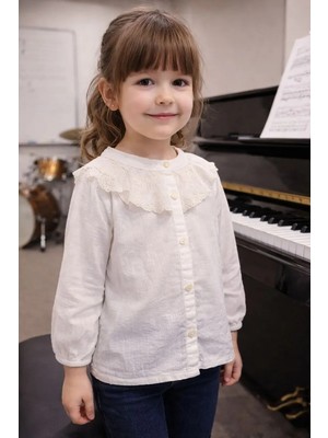 Escabel Kız Çocuk Dantelli Yaka Uzun Kollu Pamuklu Bluz – Orijinal Desenli