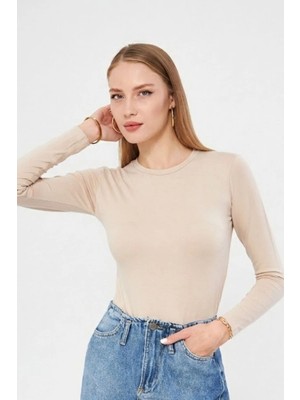 Irmak Kerekli Bisiklet Yaka Uzun Kol Badi Viskon Likralı Body 101 Bej