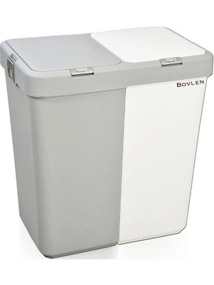 Royal Rain Store Litre Dokunmatik Çamaşır Sepeti - Iki Bölmeli Dekoratif Çamaşır Sepeti - Gri Beyaz - 55X35X58.5 cm