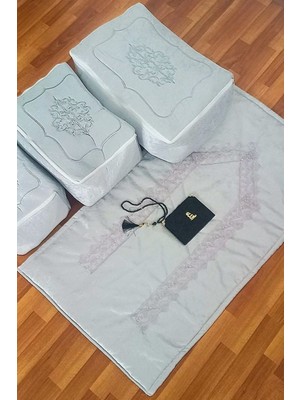 Kadife Gold Işlemeli 3'lü Bohça Seti, Krem Incili Güpürlü Nişan ve Düğün Hediyesi