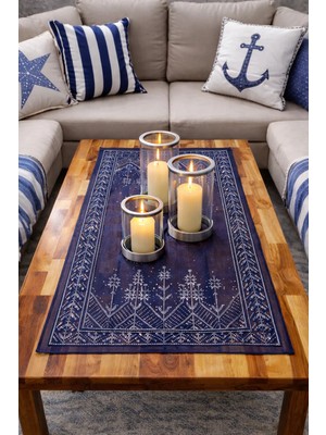 Muguetarts El Yapımı Gümüş Tel Işlemeli Masa Örtüsü – Lacivert Bartın Petek Tül 117X61CM