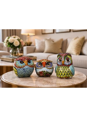 %100 El Yapımı Seramik Baykuş Figürleri – Renkli Sanatsal Ev Dekorasyonu, Boho Tarzı (Adet)