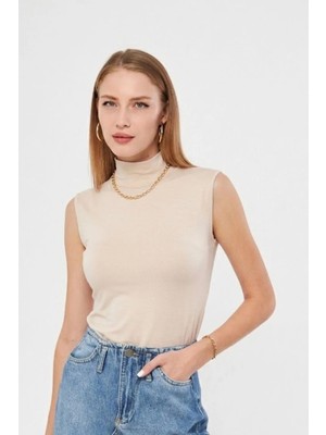 Irmak Kerekli Balıkçı Yaka Sıfır Kol Badi Viskon Likralı Body 135 Bej