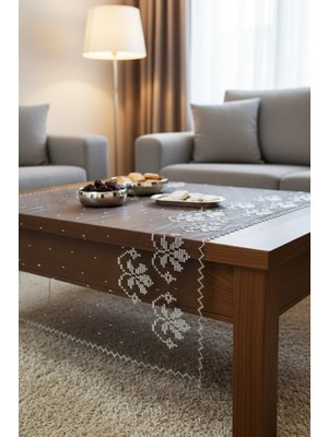 Muguetarts %100 El Yapımı Gümüş Tel Işlemeli Masa Örtüsü – Lacivert Siyah Bartın Petek Tül 180CM