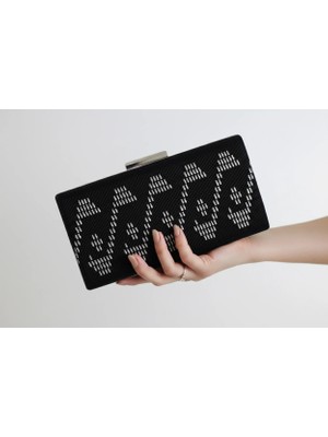 El Yapımı Siyah Kadife El Çantası - Gümüş Tel Işlemeli Gece Çantası 20X14CM