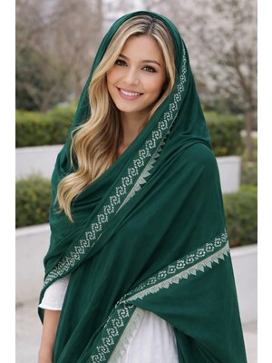 Muguetarts %100 El Işlemeli Zümrüt Yeşili Şal – 925 Ayar Gümüş Tel Kirma