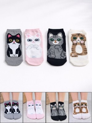 Sevimli Kedi Desenli Kadın Patik Çorap Seti – 4’lü Renkli Pamuklu Günlük Çorap Paketi
