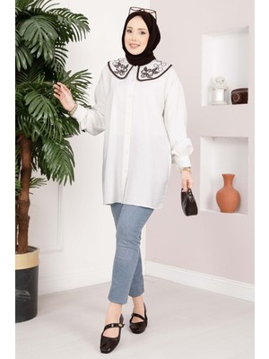 SVS Yaka Nakışlı Tesettür Tunik Ekru