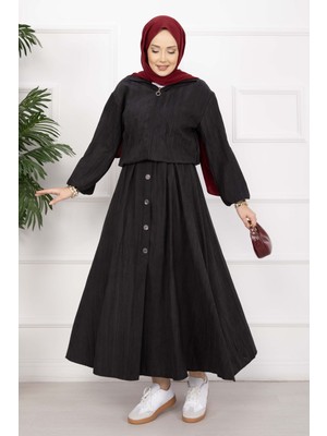 Ums Bomber Ceket & Düğmeli Etek Takım Siyah