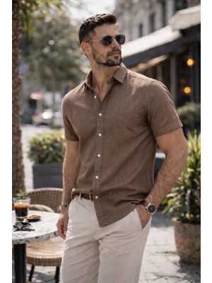 Colvis Man Erkek Klasik Kısa Kol Likralı Flam Keten Gömlek Hediye Kutulu