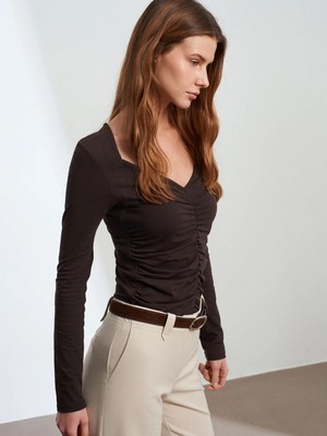 Dilvin 32666 Büzgülü Uzun Kollu Top-Koyu Kahve