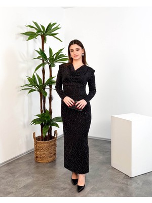 Mialora Kruvaze Yaka Omuz Boncuk Detaylı Püsküllü Maxi Kadın Elbise