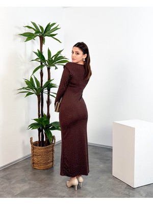 Mialora Kruvaze Yaka Omuz Boncuk Detaylı Püsküllü Maxi Kadın Elbise