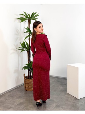 Mialora Kruvaze Yaka Omuz Boncuk Detaylı Püsküllü Maxi Kadın Elbise