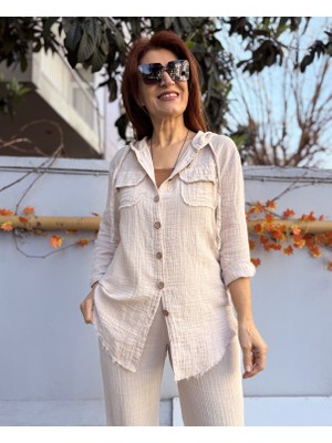 Deniz Ege Butik Müslin Kapüşonlu Gömlek Bej