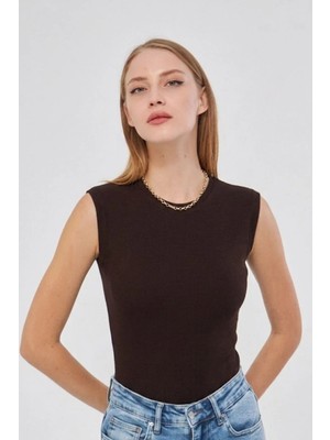 Irmak Kerekli Sıfır Kol Bisiklet Yaka Badi Viskon Likralı Body 109 Kahverengi