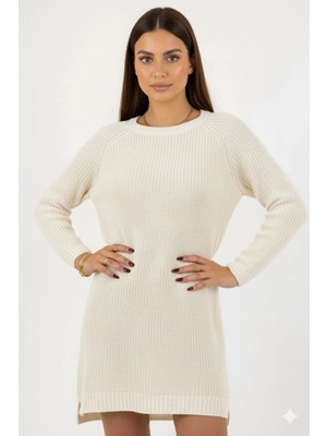 Millionaire Kadın Ekru Kırık Beyaz Bisiklet Yaka Uzun Tunik Elbise Kalın Örgü Italyan Kol Yırtmaçlı Triko Kazak Ekru / S