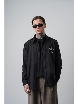 Respire Erkek Res Nakışlı Uzun Kollu Keten Oversize Gömlek Siyah