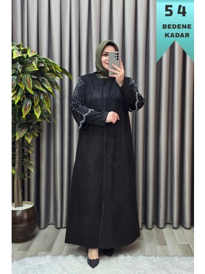 Elmas Tesettür Kadın Giyim Büyük Beden Süet Tam Boy Kolu Taşlı Bolerolu Pardesü