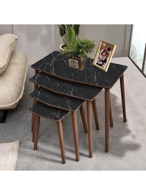 Royal Rain Store 4lü Dörtlü Mdf Ahşap Zigon Sehpa - Siyah Mermer Desenli
