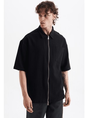 Danger Erkek Lilyum Keten Fermuarlı Cepli Gömlek Siyah