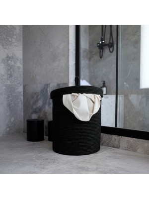 Jüt Kapaklı Hasır Kirli Çamaşır Sepeti Siyah 35X40 cm Banyo Organizeri