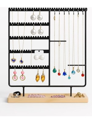 Royal Rain Store Organizeri, Takı Standı Metal Stand ve Ahşap Taban, 35X30X9.5 Cm, Küpe Kolye Yüzük Düzenleyici, Siyah