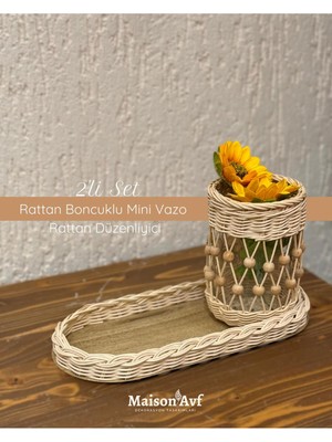 Rattan Boncuklu Mini Vazo ve Düzenleyici 2'li Set, Şık Dekorasyon Parçası