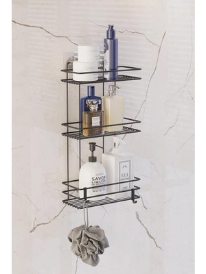 Royal Rain Store Boyu Paslanmaz Yapışkanlı Düz Banyo Düzenleyici Şampuanlık Duş Rafı Siyah Kancalı Tş-03