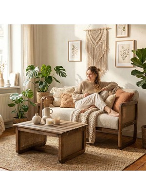 Alaves Hazeran Jüt Çay Seti Ceviz Ahşap,sütlü Kahve (1 Adet Ikili Berjer 1 Adet Sehpa)