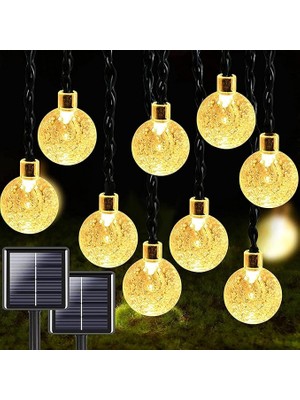 Royal Rain Store Solar Işık Zinciri, Dış Mekan, 7 M, 50 Led, Kristal Küre Solar Işık Zinciri, Işık Sensörlü Sıcak Beyaz, 8 Mod, IP65 Su Geçirmez Dekorasyon, Bahçe, Teras, Düğünler, Partiler,
