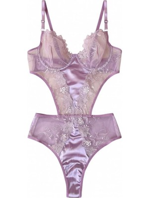 Lila Dantel ve Saten Detaylı Transparan Body 90-B