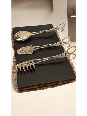 Lüks Gümüş Sunum Makarna ve Pasta Servis Seti 3'lü Takım