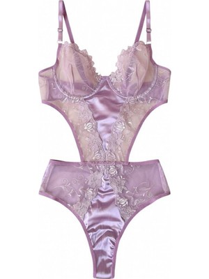 Lila Dantel ve Saten Detaylı Transparan Body 80-B